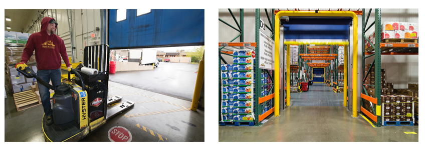 Two photos: one shows male worker with a small forklift; the other shows the inside of the Organically Grown warehouse