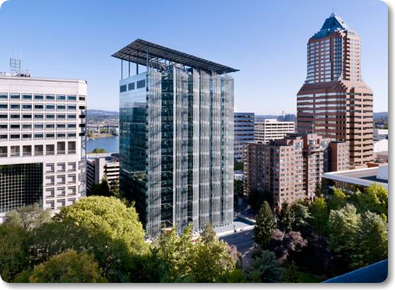 View of the Edith Green-Wendell Wyatt Federal Building in downtown Portland.