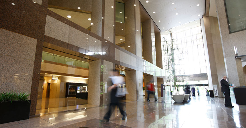 Shot of the lobby of Big Pink building in downtown Portland.