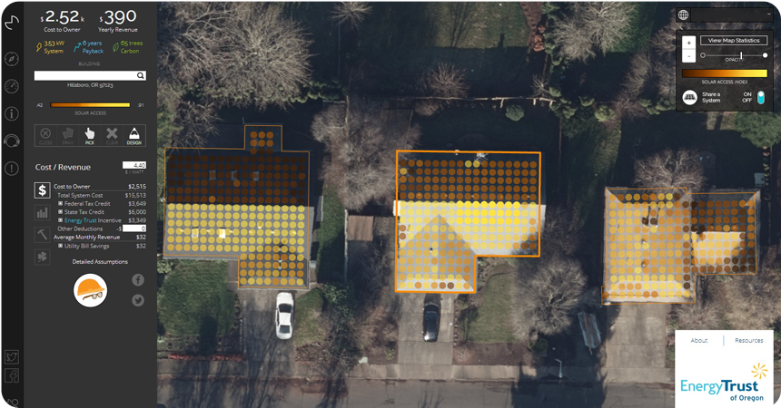 Screenshot of Mapdwell tool showing solar energy potential in a neighborhood.