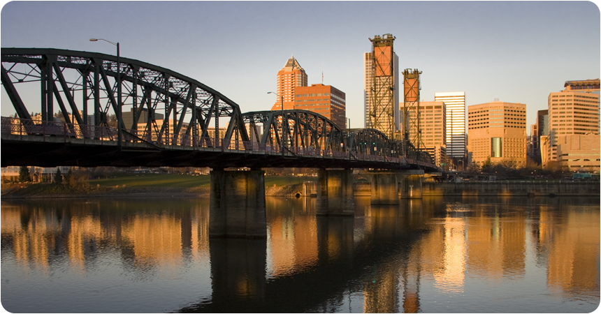 View of Portland's Broadway Bridge looking into downtown; KOIN tower in the background.