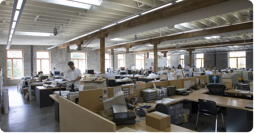 Interior of a well-lit office building.