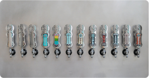 a collection of ninkasi tap handles