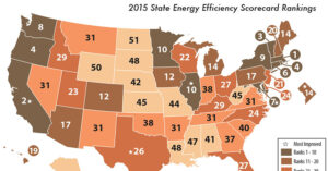 a map of the united states, showing oregon as the 4th most energy efficient state in 2015