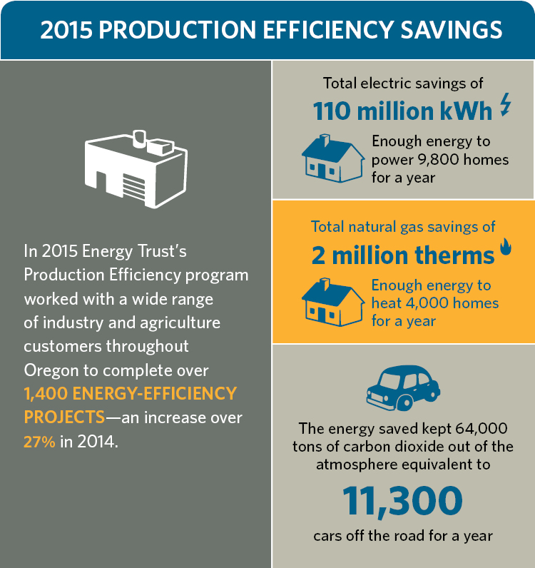 Production efficiency savings graphic. 110 million annual kWh saved, 2 million annual therms of natural gas savings. total energy savings equaled 11,300 cars off the road