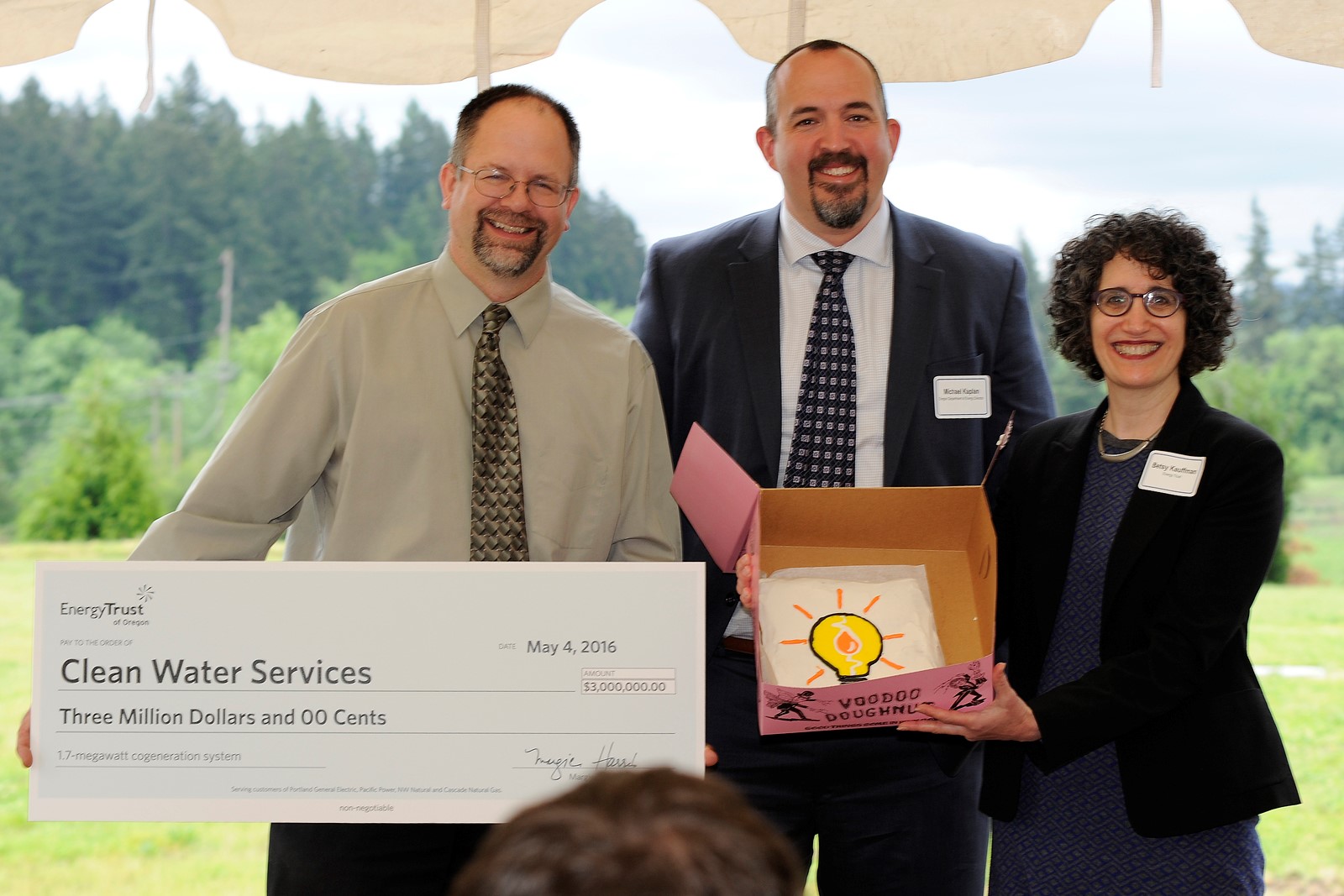 Pictured (left to right): Chair Andy Duyck, Clean Water Services/Washington County; Michael Kaplan, Oregon Department of Energy; and Betsy Kaufmann, Energy Trust of Oregon