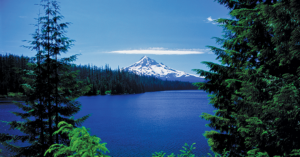 a snowcovered mountain in the background with a blue lake and forest