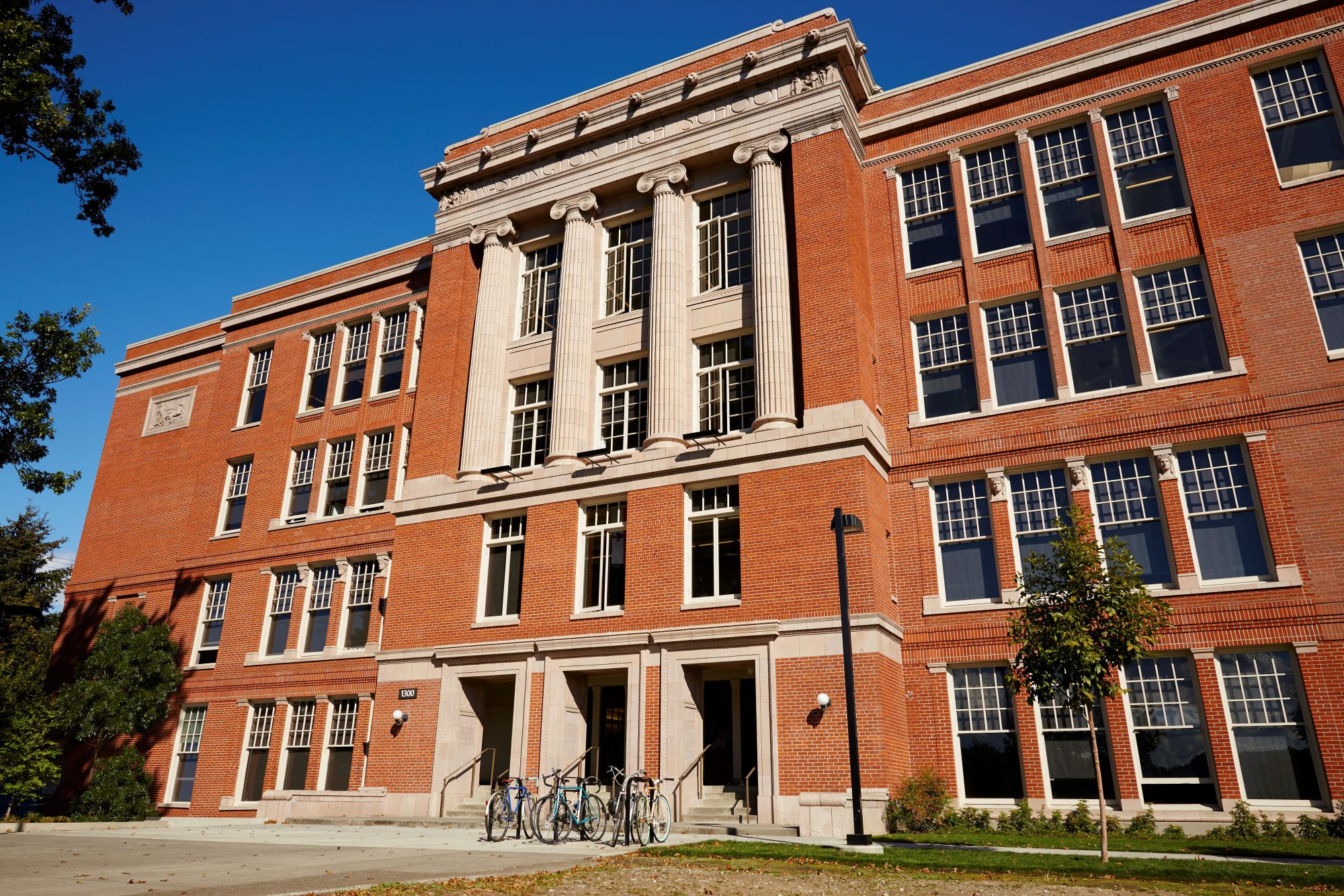 exterior of a 4 story brick building