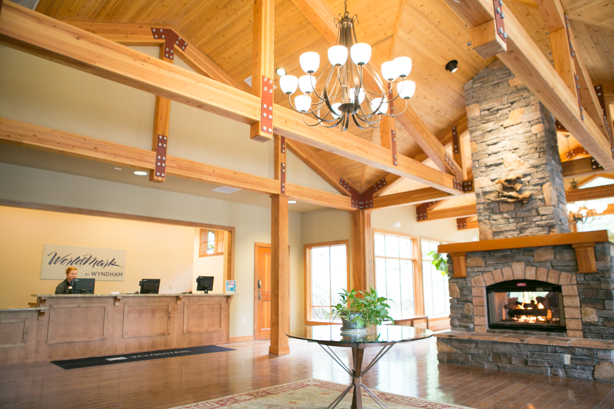 interior of the Seventh Mountain Resort with a stone fireplace