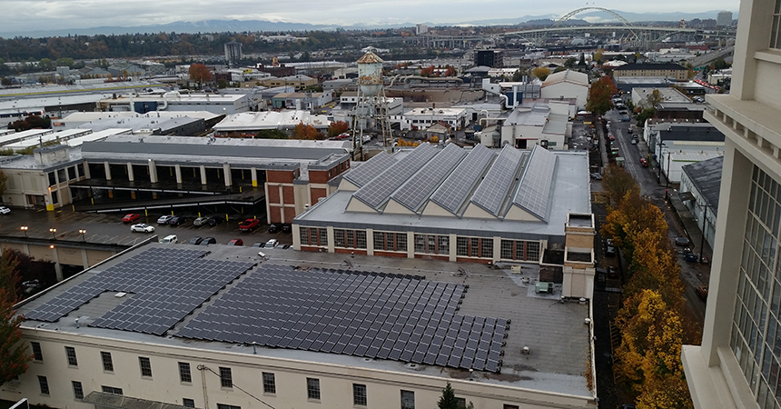 aerial view of Mongomery Park building with solar panel array