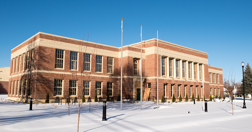 Redmond City Hall exterior on a bright, snowy day