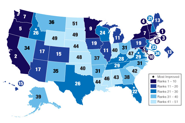 Map of USA ranking most energy-efficient states