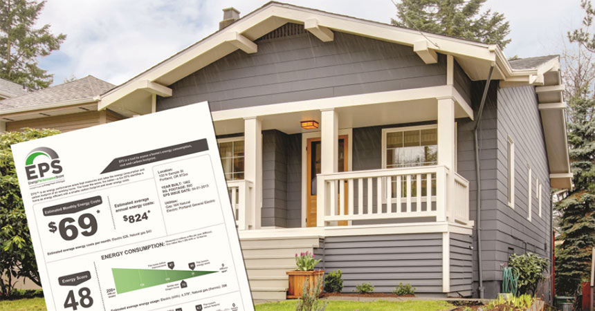 Residential single-family home with an example of an EPS report overlaid on it.