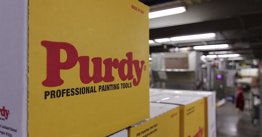 Close-up of Purdy Professional Painting Tools box in their facility