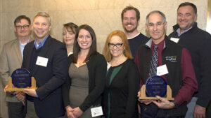 From left to right: Alan Meyer, Jr., Cory Scott, Kari Greer, Angela Long and Barbara Modey of Pacific Power; Andy Eiden, Steve Lacey and Michael Colgrove of Energy Trust