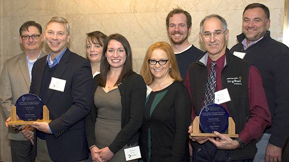 From left to right: Alan Meyer, Jr., Cory Scott, Kari Greer, Angela Long and Barbara Modey of Pacific Power; Andy Eiden, Steve Lacey and Michael Colgrove of Energy Trust