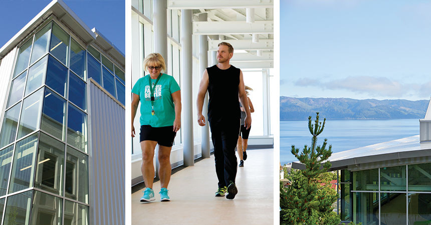 a collage of exterior views of patriot hall with two people running on the indoor track