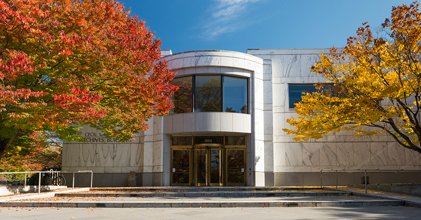 Fall colors at the State Archives Building on the Capitol Mall in Salem.