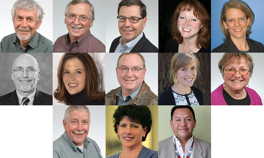 a group of Energy Trust Board Members; Roger Hamilton, Alan Meyer, Mark Kendall, Susan Brodahl, Janine Benner, Stephen Bloom, Melissa Cribbins, Dan Enloe, Lindsey Hardy, Debbie Kitchin, John Reynolds, Anne Haworth Root, Eddie Sherman