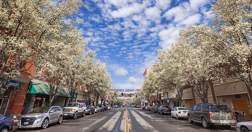 a downtown Pendleton street on a sunny spring day