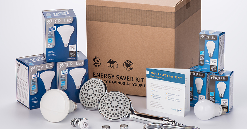 an energy saver kit box, with led lightbulbs, faucet aerator, and efficient shower head.