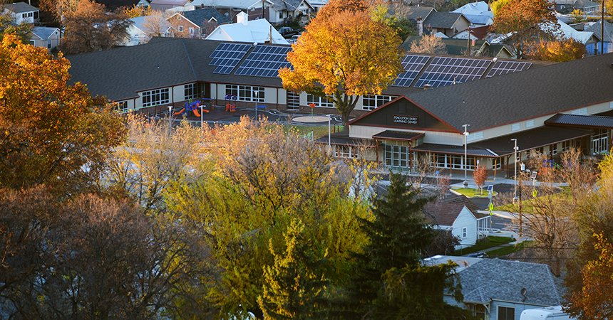 an arial view of a Pendleton school in the fall