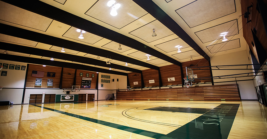 Energy-efficient lighting in the gymnasium at Umpqua Community College.