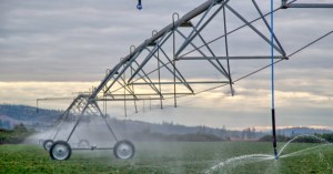 Large wheeled linear pivot irrigation system in a field.