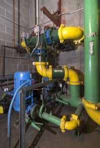 Heat exchanger and pumps at 1000 SW Broadway building, Portland, OR.