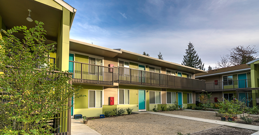 A colorful apartment building.