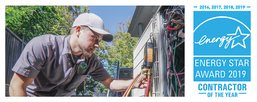 a contractor installing equipment and the energy star logo