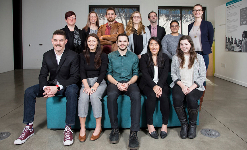 a group of young adults. Austin Daich, Jessica Meylor, Matt Loudermilk, Lindsey Naganuma, Madelaine Murray Second row: Erin Fox, Amy Scheckla-Cox, Zaq Dohallow, Julia Mollner, Philip Speranza, Dristi Manandhar, Ashley Nored