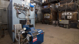 Mechanical equipment at Owens-Adair apartments senior housing building, Astoria, OR.