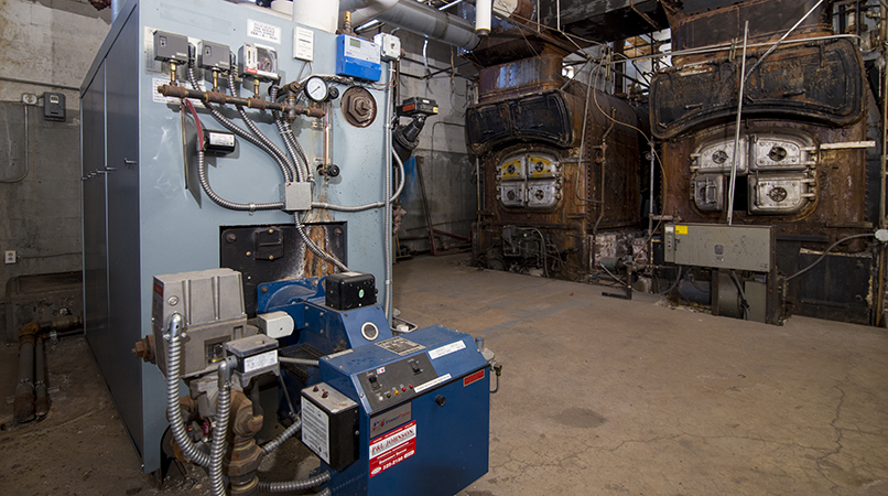 Mechanical equipment at Owens-Adair apartments senior housing building, Astoria, OR.