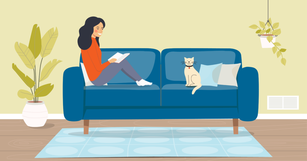 an illustration of a woman sitting on couch with a cat