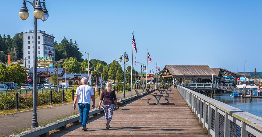 People walking on boardwalk