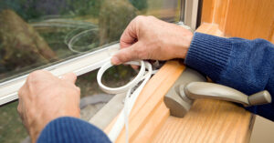 A person installs flexible weatherstripping along the edge of a wooden casement window frame, pressing the strip into place near a metal crank handle to seal gaps and reduce drafts.